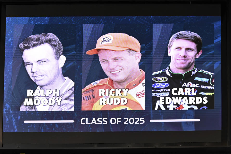 A display is shown for the drivers to be inducted into the 2025 NASCAR Hall of Fame class during an event, Tuesday, May 21, 2024, in Charlotte, N.C. (AP Photo/Matt Kelley)