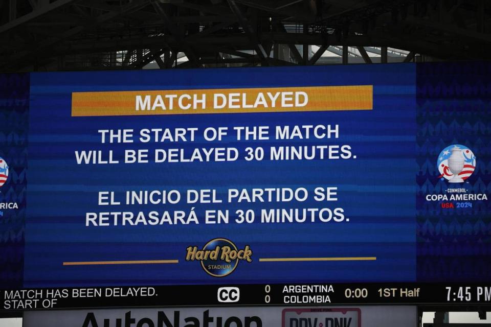 A screen showing that the match has been delayed during the CONMEBOL Copa America 2024 Final between Argentina and Colombia, in Miami on July 14.