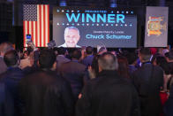 Supporters cheer as a video screen announces Sen. Chuck Schumer as the projected winner, during the election-night party for New York Gov. Kathy Hochul, Tuesday, Nov. 8, 2022, in New York. (AP Photo/Mary Altaffer)