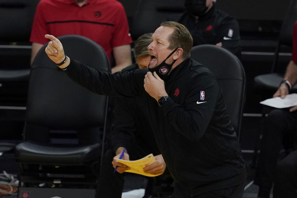 Toronto Raptors head coach Nick Nurse gestures during the second half of his team's NBA basketball game against the Golden State Warriors in San Francisco, Sunday, Jan. 10, 2021. (AP Photo/Jeff Chiu)