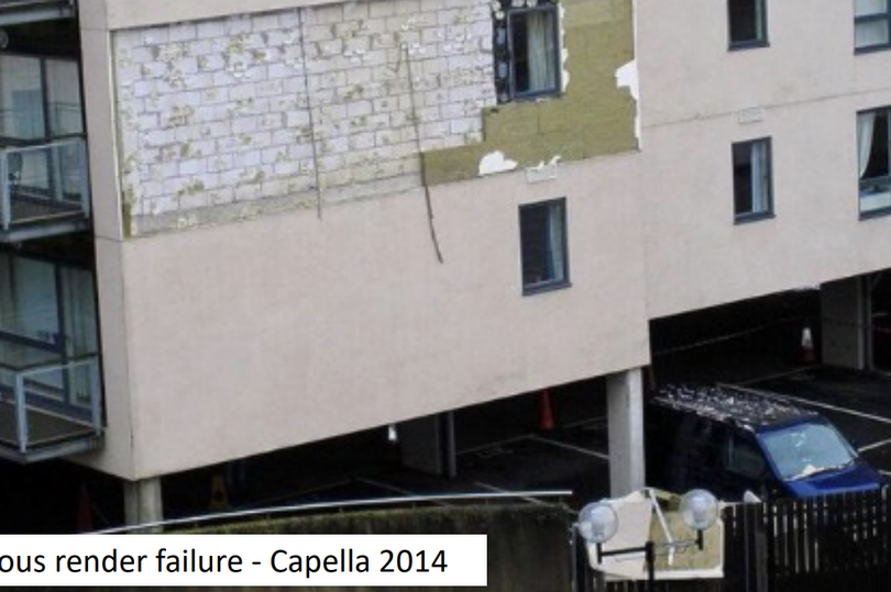 Picture showing render failure on the side of Capella House at Celestia in 2014
