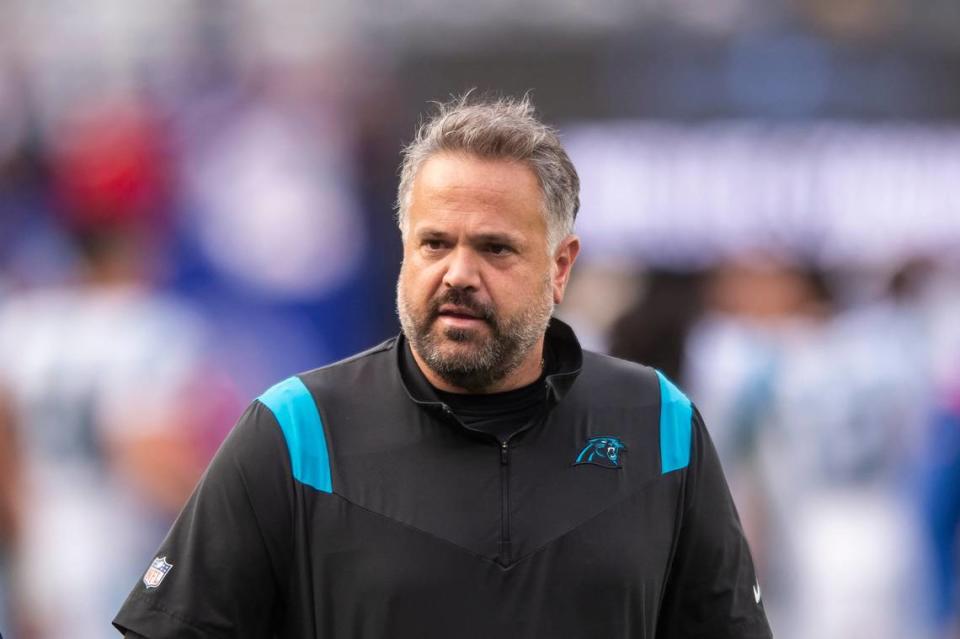 Panthers hed coach Matt Rhule walks off the field after the game against the Giants at MetLife Stadium on Sunday, October 24, 2021 in Rutherford, NJ. The Panthers, who did not score a single touchdown, lost to the Giants, 24-3. This is the Panthers fourth straight loss after a 3-0 start to the season.