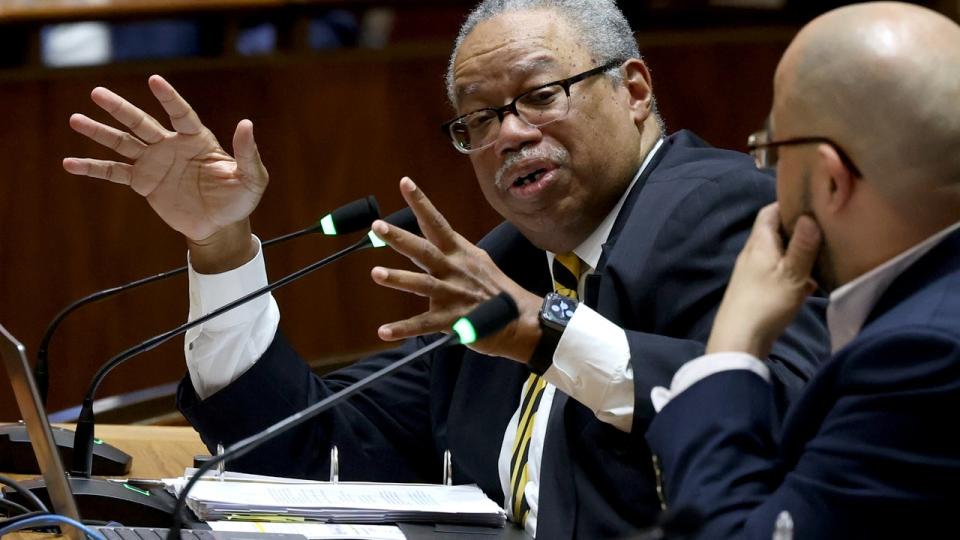 <div>CTA President Dorval Carter speaks while appearing, Feb. 27, 2024, at a quarterly hearing at Chicago City Council on CTA services. Carter was grilled over CTA service, safety, and crime. (Antonio Perez/Chicago Tribune/Tribune News Service via Getty Images)</div>
