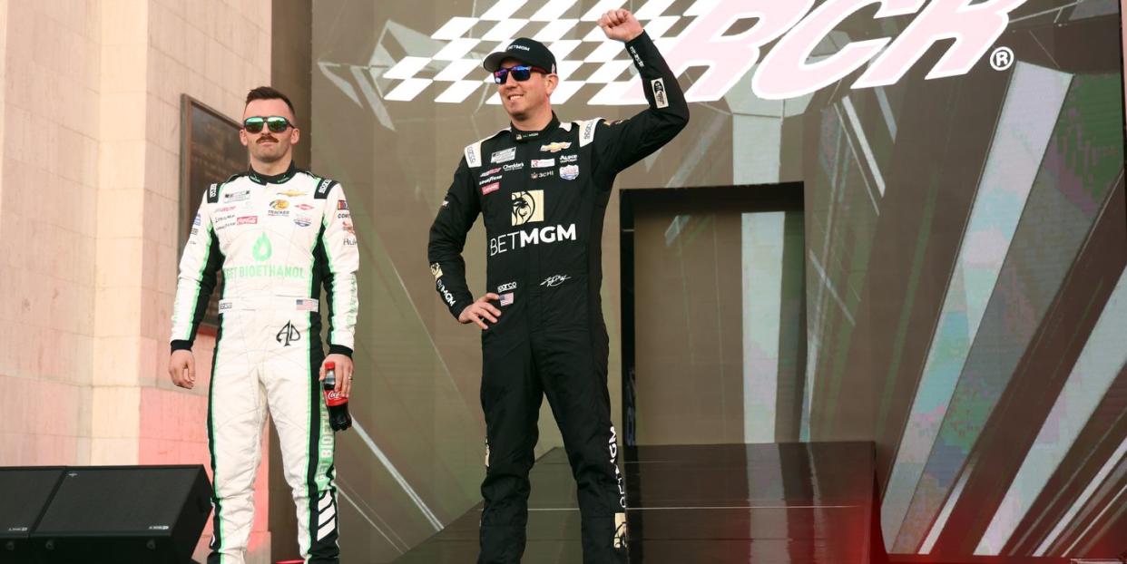 los angeles, california february 05 austin dillon, driver of the 3 get bioethanol chevrolet, l and kyle busch, driver of the 8 betmgm chevrolet, of richard childress racing stand onstage during driver intros prior to the nascar clash at the coliseum at los angeles memorial coliseum on february 05, 2023 in los angeles, california photo by joe scarnicigetty images