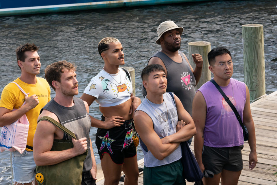 Joel Kim Booster with Matt Rogers, Zane Phillips, Tomas Matos, Torian Miller and Bowen Yang in “Fire Island.” - Credit: Jeong Park