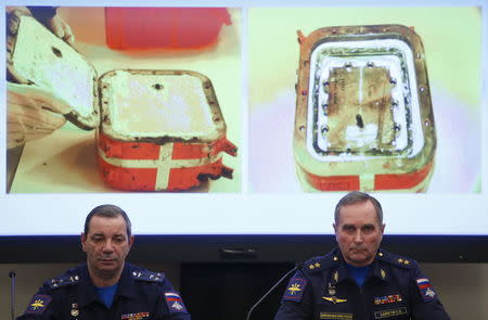 Sergei Bainetov (R), deputy chief of the Russian Armed Forces' flight safety service, and Nikolai Primak, chairman of the Air Accident Investigation Commission, attend a news conference, dedicated to the crash of SU-24 fighter-bomber, a Russian warplane shot down by Turkey in November, in Moscow, Russia, December 21, 2015. REUTERS/Maxim Shemetov