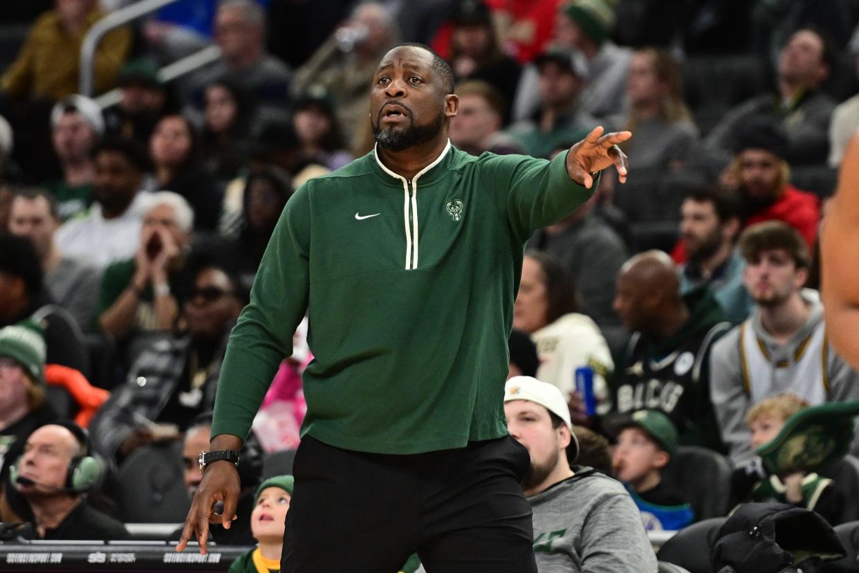 Jan 14, 2024; Milwaukee, Wisconsin, USA; Milwaukee Bucks head coach Adrian Griffin calls a play in the fourth quarter against the Sacramento Kings at Fiserv Forum.