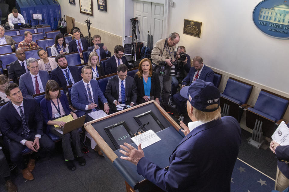 President Donald Trump speaks in the press briefing room at the White House on Saturday. (Photo: Tasos Katopodis via Getty Images)