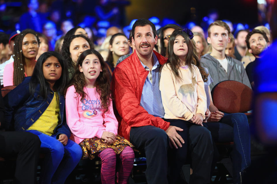 From left: Sadie Madison Sandler, actor Adam Sandler and Sunny Madeline Sandler attend Nickelodeon's 2016 Kids' Choice Awards at The Forum on March 12, 2016, in Inglewood, California. (Photo: Christopher Polk/KCA2016 via Getty Images)