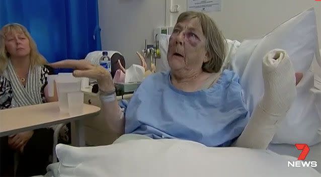 Mavis Dillon in hospital after the attack. Source: 7 News