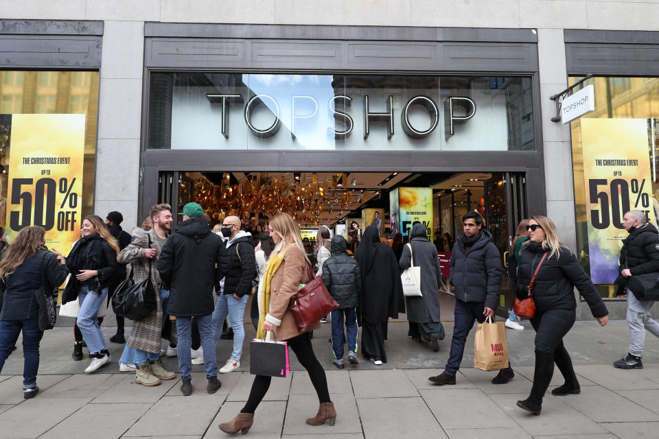 Shoppers outside Topshop on Oxford Street in London on the first weekend following the end of the second national lockdown in England, with coronavirus restrictions being relaxed. (Photo by Yui Mok/PA Images via Getty Images)