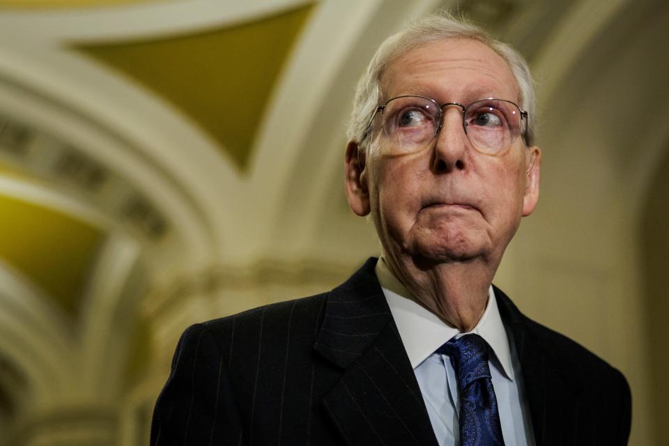 Senate Minority Leader Mitch McConnell (R-KY) speaks during a press conference following the Republicans weekly policy luncheon on January 23, 2024 in Washington, DC.