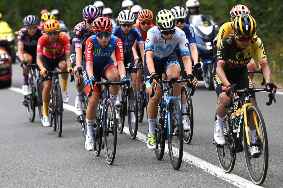 RODEZ FRANCE  JULY 26 LR Alice Maria Arzuffi of Italy and Team CERATIZITWNT Pro Cycling and Sheyla Gutirrez of Spain and Movistar Team compete during the 2nd Tour de France Femmes 2023 Stage 4 a 1771km stage from Cahors to Rodez 572m  UCIWWT  on July 26 2023 in Rodez France Photo by Tim de WaeleGetty Images