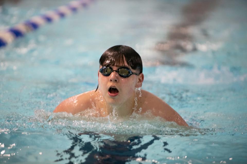 Pueblo Central's Benjamin Martinez competes in the 200 yard individual medley during a meet against Widefield on Tuesday, April 2, 2024.