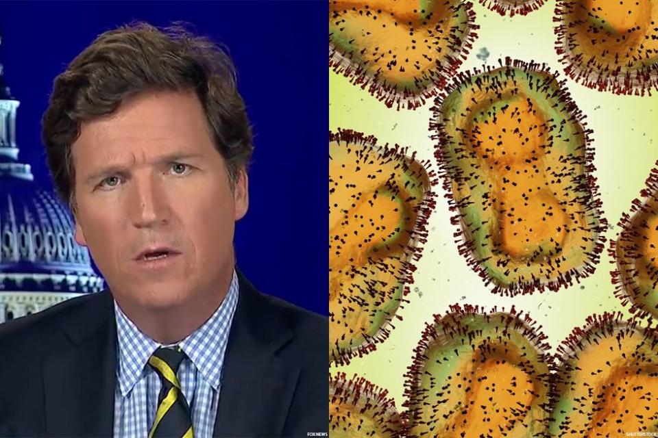 Tucker Carlson and an image of a MPV virus