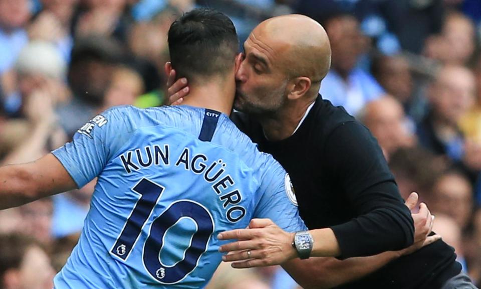 Pep Guardiola shows his appreciation after Sergio Agüero had scored a hat-trick in the 6-1 Premier League win against Huddersfield at the Etihad Stadium.