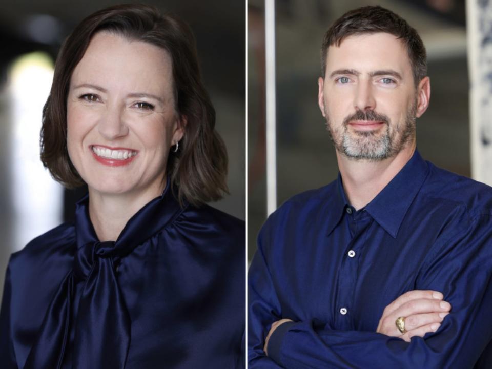 A composite of Sassie Duggleby smiling while wearing a navy shirt and Andrew Duggleby standing with his arms folded while wearing a blue button-down shirt.