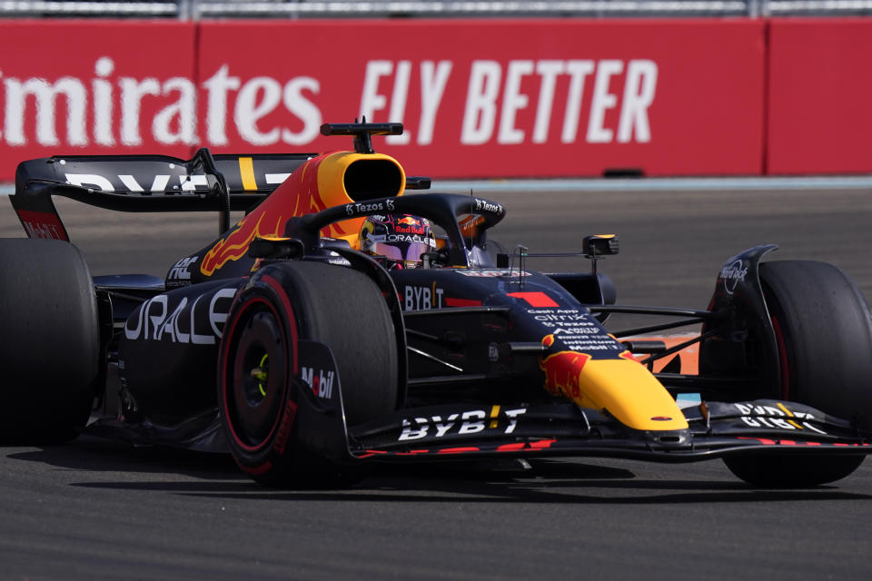 Red Bull driver Max Verstappen of the Netherlands races during qualifying for the Formula One Miami Grand Prix auto race at the Miami International Autodrome, Saturday, May 7, 2022, in Miami Gardens, Fla. (AP Photo/Wilfredo Lee)