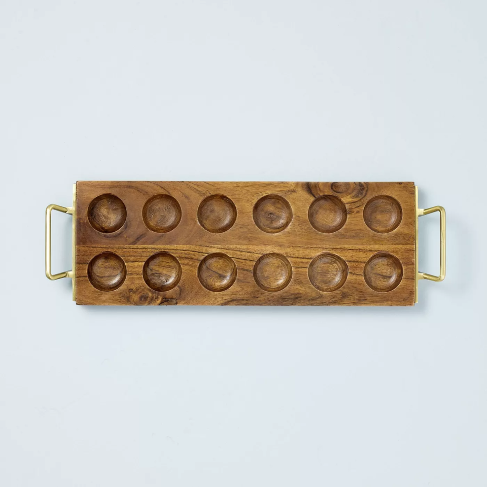 wooden egg tray with brass handles