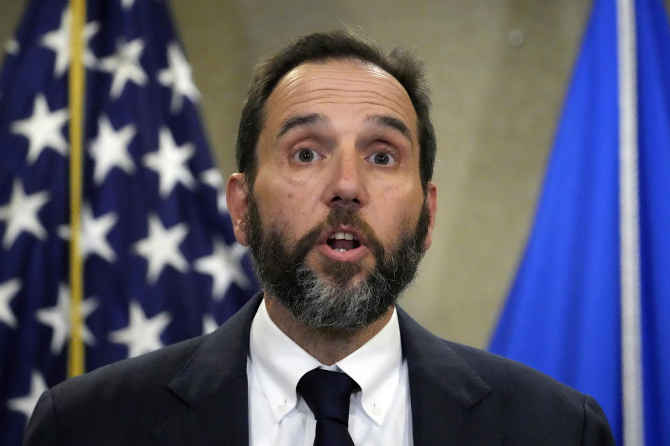 Special counsel Jack Smith speaks to reporters Friday, June 9, 2023, in Washington. Former President Donald Trump is facing 37 felony charges related to the mishandling of classified documents according to an indictment unsealed on Friday. (AP Photo/Alex Brandon)