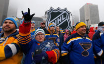 <p>ST LOUIS, MO – JANUARY 02: Fans watch rapper Nelly perform at The Pregame prior to the 2017 Bridgestone NHL Winter Classic at Busch Stadium on January 2, 2017 in St Louis, Missouri. (Photo by Eliot J. Schechter/NHLI via Getty Images) </p>