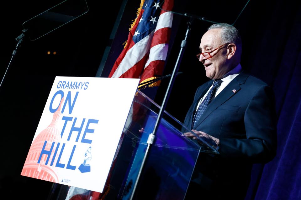Senate Majority Leader Chuck Schumer (D-NY) speaks on stage during Grammys On The Hill: Awards Dinner at The Hamilton on April 26, 2023 in Washington, DC.