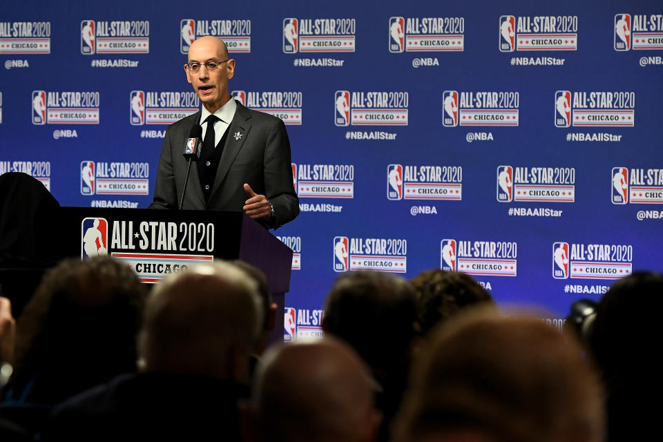 CHICAGO, ILLINOIS - FEBRUARY 15: NBA Commissioner Adam Silver speaks to the media during a press conference at the United Center on February 15, 2020 in Chicago, Illinois. NOTE TO USER: User expressly acknowledges and agrees that, by downloading and or using this photograph, User is consenting to the terms and conditions of the Getty Images License Agreement. (Photo by Stacy Revere/Getty Images)