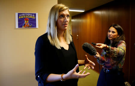 Beatrice Fihn, Executive Director of the International Campaign to Abolish Nuclear Weapons (ICAN) talks with media after ICAN won the Nobel Peace Prize 2017, in Geneva, Switzerland October 6, 2017. REUTERS/Denis Balibouse