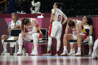 Spain players react at the end of a women's basketball quarterfinal round game against France at the 2020 Summer Olympics, Wednesday, Aug. 4, 2021, in Saitama, Japan. (AP Photo/Eric Gay)