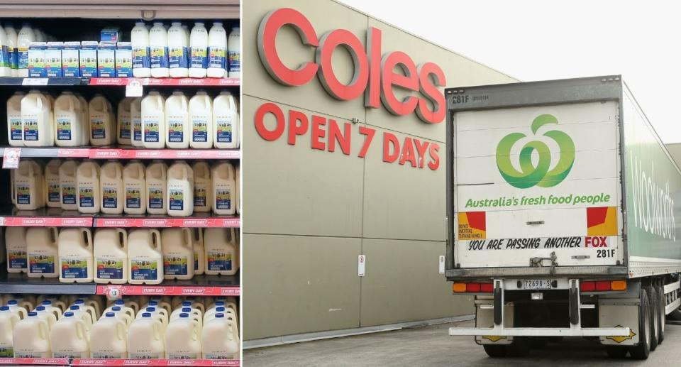 Milk bottles in supermarket; Woolworths truck alongside Coles supermarket