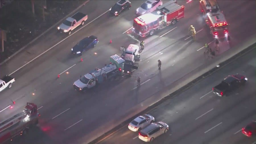 Authorities investigate after a crash kills a Los Angeles Fire Department recruit on the 101 Freeway in Studio City on April 15, 2024. (KTLA)
