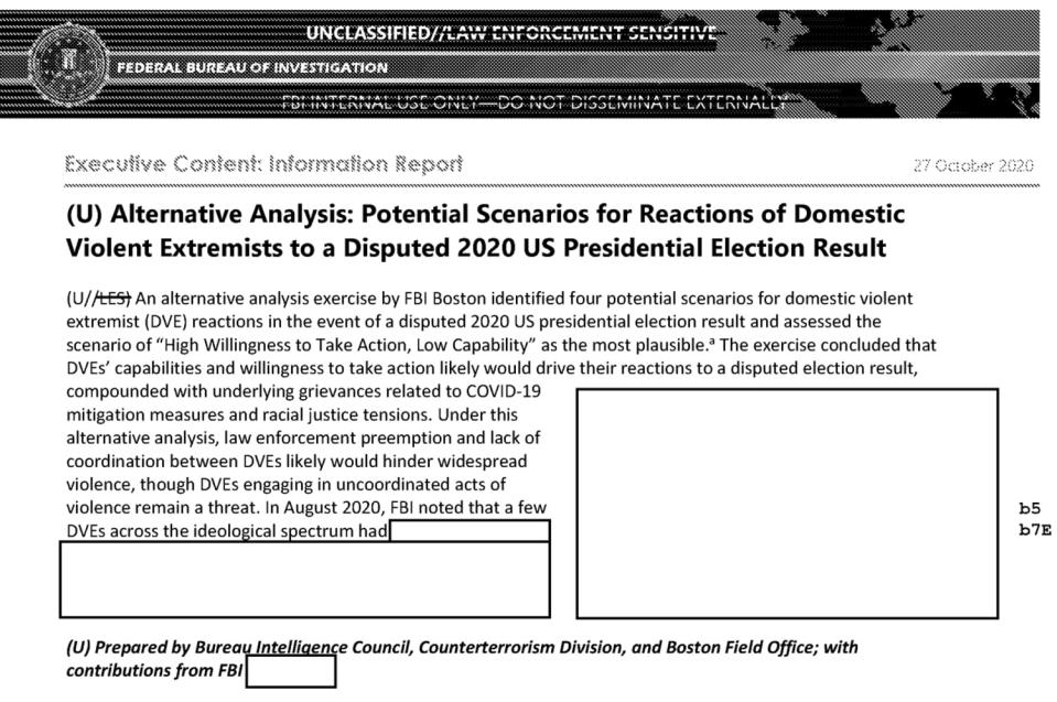 An FBI report showing the potential for violence after the result of the 2020 election. (FBI)