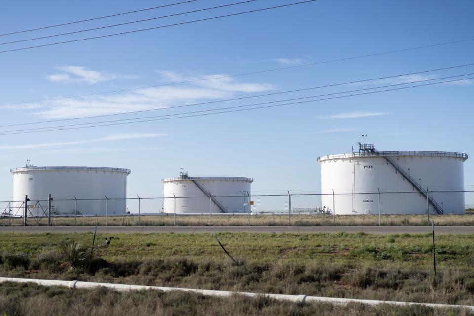 Oil storage facilities in the Permian Basin on April 24, 2020 in Lea County, New Mexico. - Oil and gas is one of the main economic drivers of this area, and the industry has taken a hit after the price of oil dropped below zero earlier this week due to decline in demand from the novel coronavirus pandemic and a price war between Russia and Saudi Arabia. (Photo by Paul Ratje / AFP) (Photo by PAUL RATJE/AFP via Getty Images)