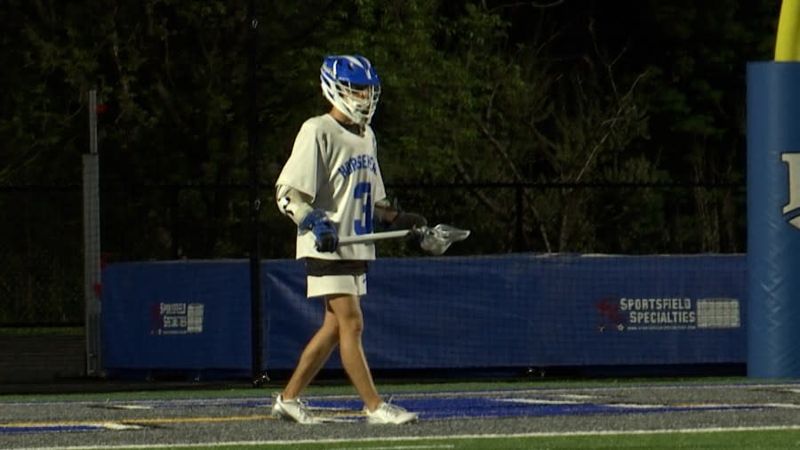 <em>Horseheads boys lacrosse’s Brady Woodworth reached 100 career points, in the Blue Raiders’ matchup with Corning. </em>