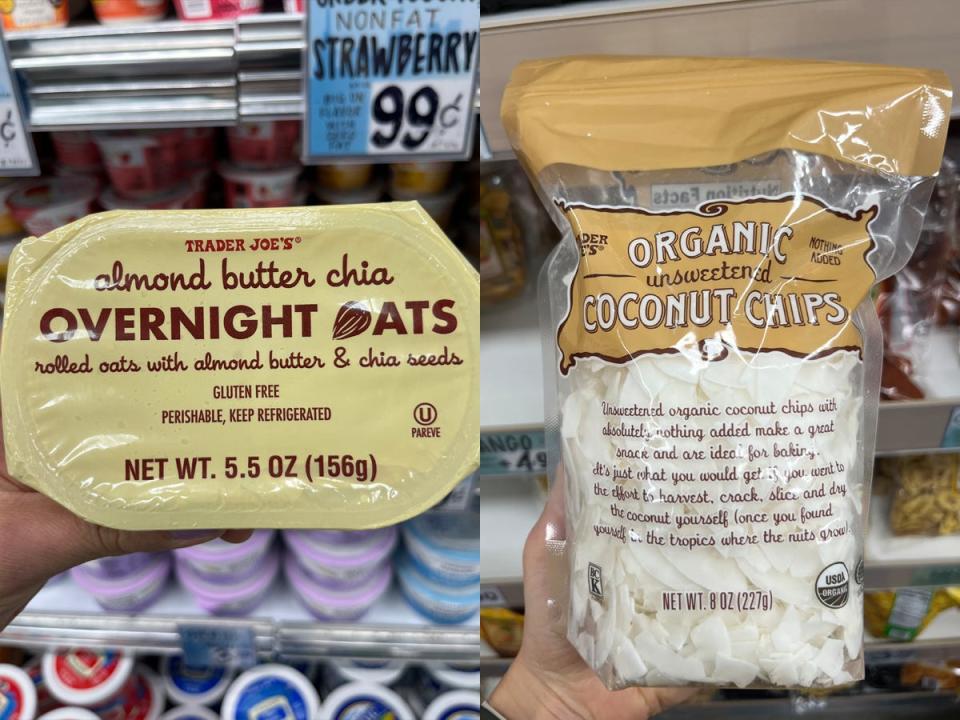 Trader Joe's almond butter chia overnight oats next to bag of its organic unsweetened coconut chips in woman's hand