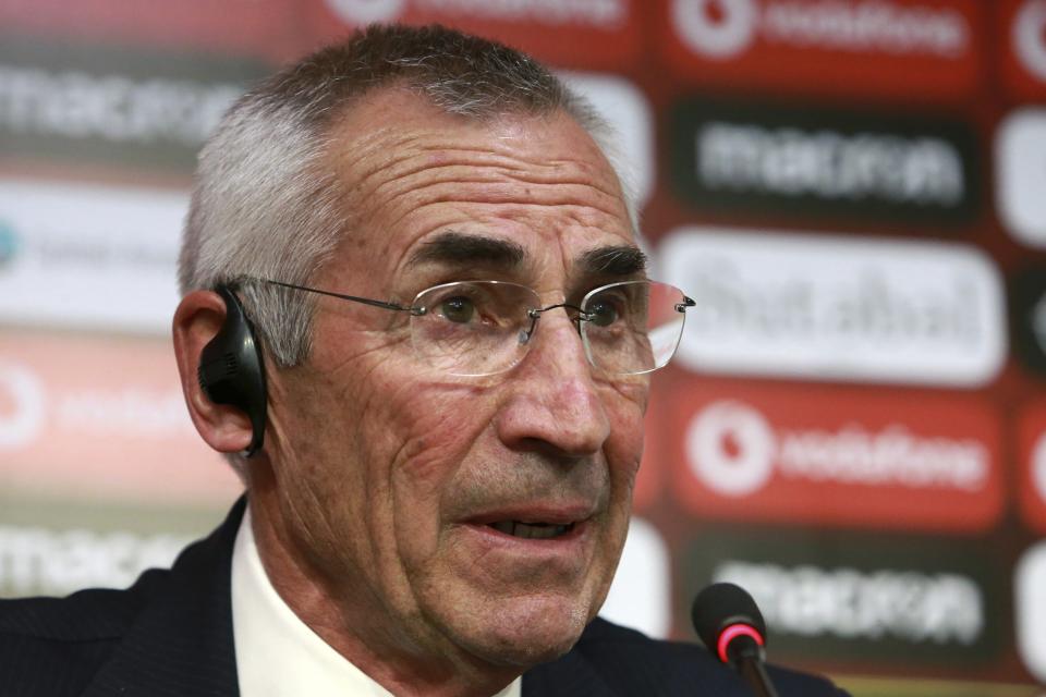 Italian Edoardo Reja, the new coach of Albania national soccer team, speaks during a news conference in Tirana, Wednesday, April 17, 2019. The Albanian football federation has signed a seven-month contract with Italian Edoardo 'Edy' Reja as its national team coach and he keeps the post until the end of the European Championship qualifiers in November. (AP Photo/Hektor Pustina)