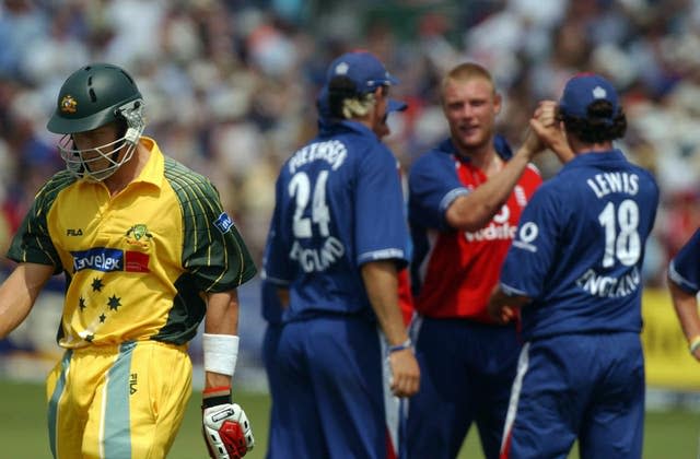 Brad Hogg departs after being bowled by Andrew Flintoff 