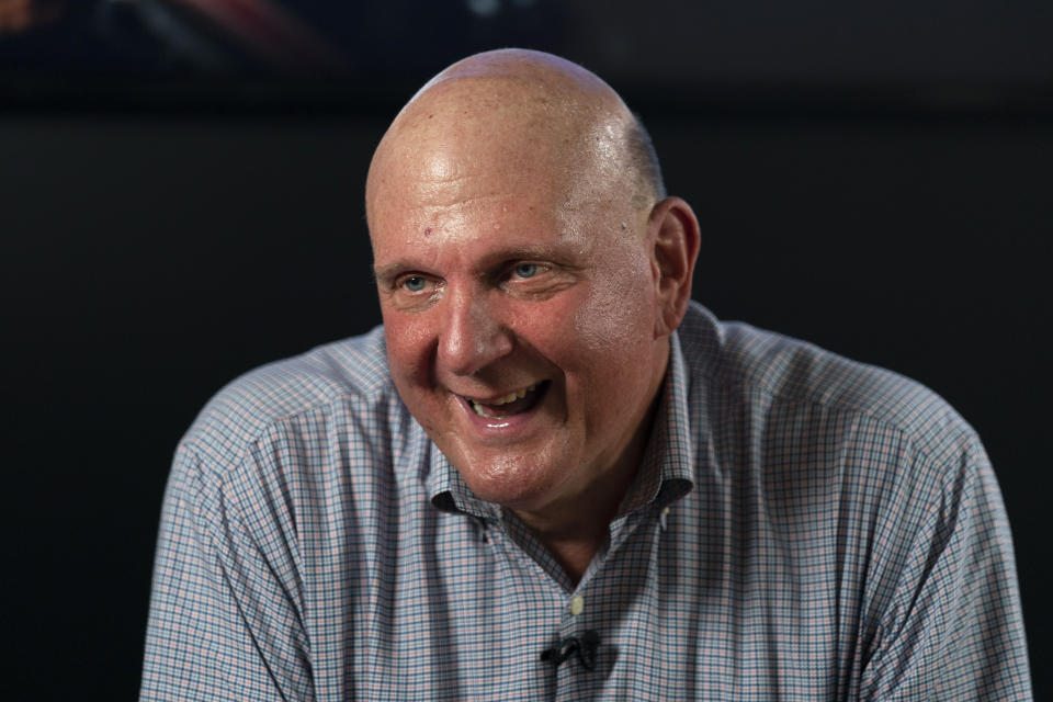 Los Angeles Clippers owner Steve Ballmer smiles while talking to a reporter during an interview with The Associated Press on Thursday, Sept. 16, 2021, in Los Angeles. (AP Photo/Jae C. Hong)