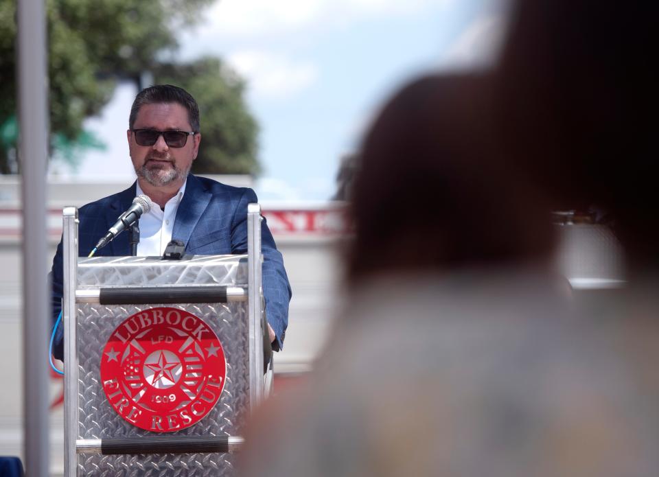 Pastor Rusty Sieck of Turning Point Community Church speaks at the Safe Haven Baby Box dedication, Thursday, July 18, 2024, at Fire Station 9. The new box at the station is the second of its kind in Texas.