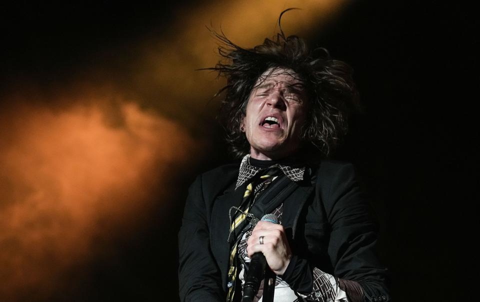 Lead singer of Cage the Elephant, Matt Shultz,  performs during the ALL IN Music and Arts Festival on Sunday, Sept. 4, 2022, at the Indiana State Fairgrounds in Indianapolis. 