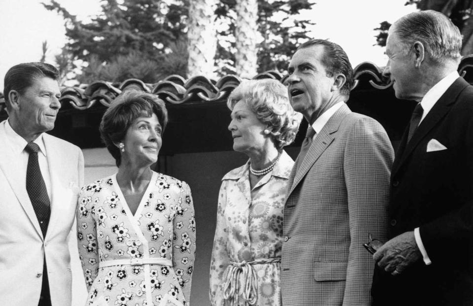 <p>Ronald and Nancy Reagan are seen chatting with Richard and Pat Nixon in this undated shot.</p>