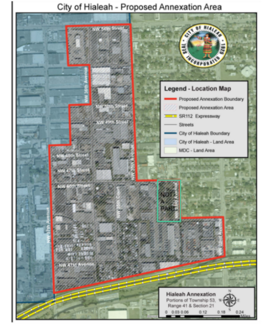 The area on West of 33rd AVe was removed from the original plan of annexation, according to the director of The Corradino Group, Edward Ng, engineering firm hired for Hialeah to do the report, it wasn’t suppose to be in the boundaries annex plan Hialeah´s city Hialeah's city / The Corradino Group