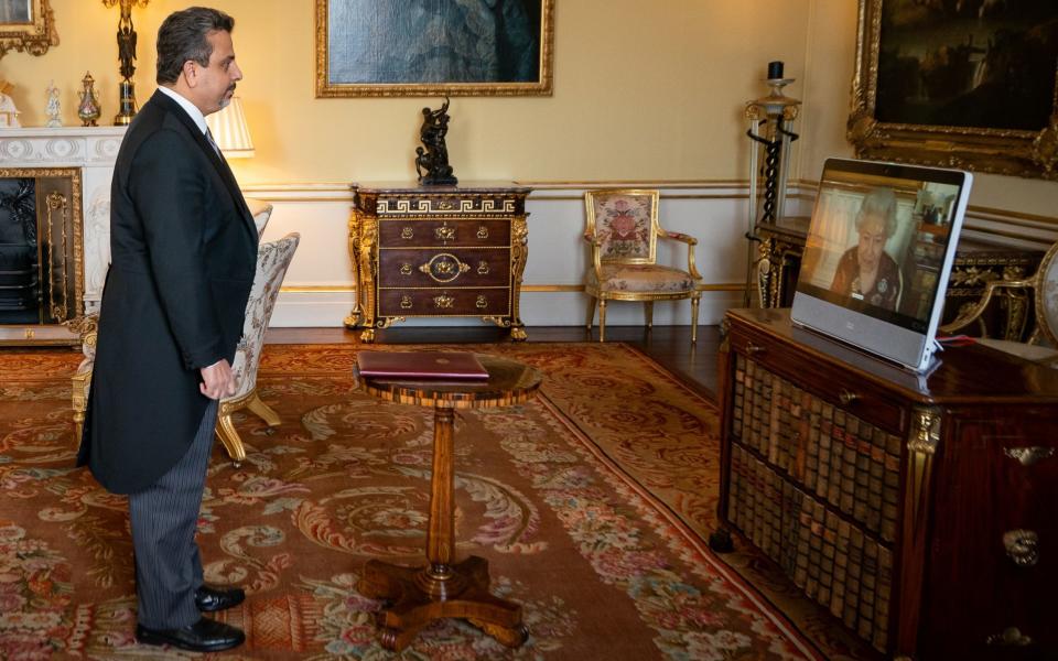 The Queen appeared via videolink from Windsor Castle, where she is in residence, during a virtual audience to receive Manar Dabbas, the Ambassador of Jordan, at Buckingham Palace on Feb 17 - Aaron Chown/PA