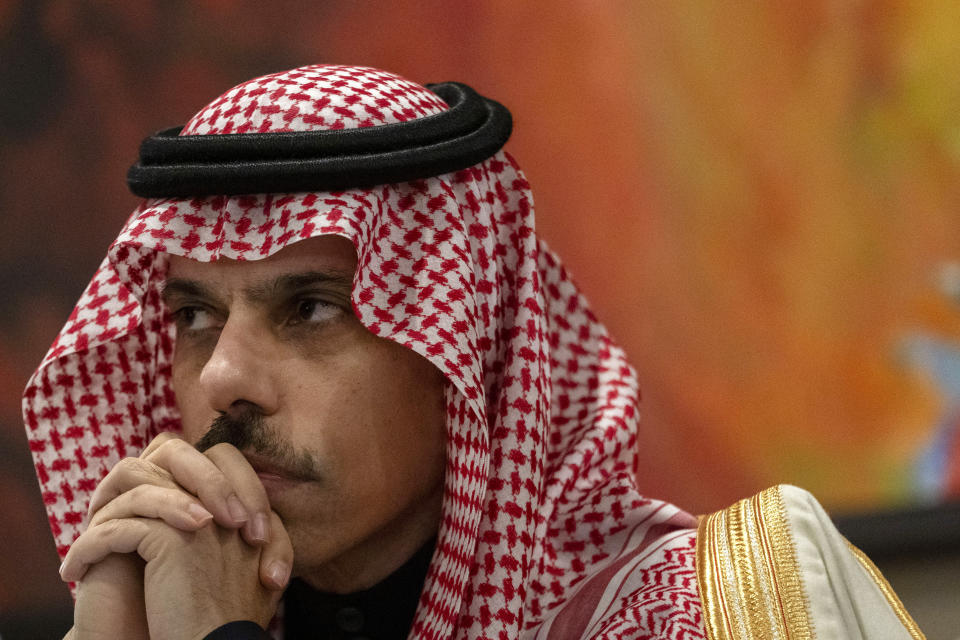 Saudi Foreign Minister Prince Faisal bin Farhan attends a news conference about the Israel-Hamas war Friday, Dec. 8, 2023, in Washington. (AP Photo/Jacquelyn Martin)