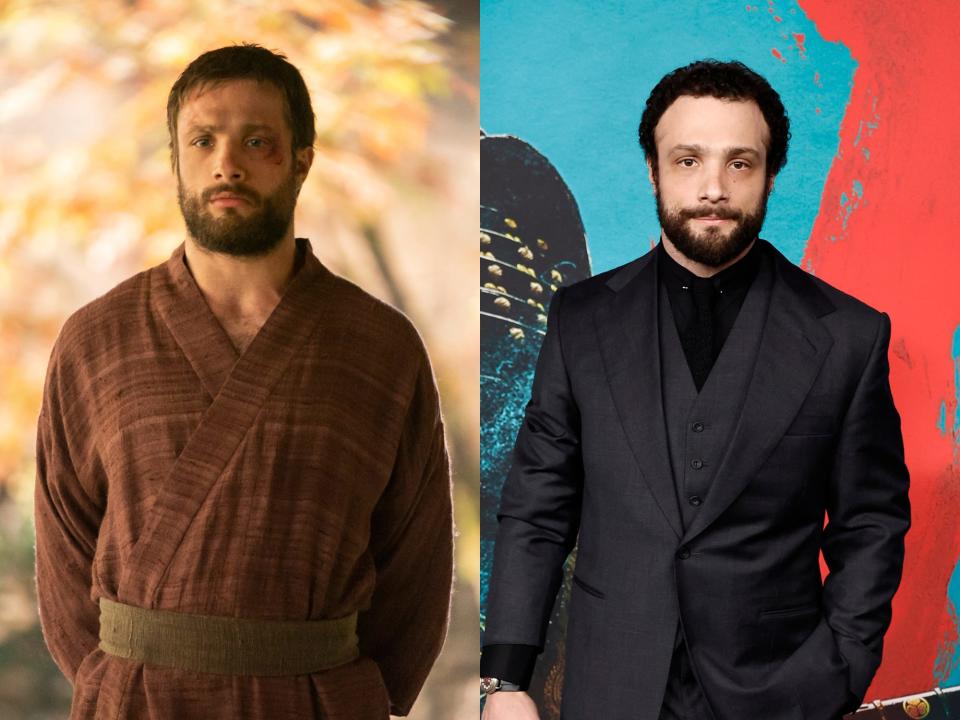left: john blackthorne wearing japanese clothing, his hair trimmed and bruises on his face; right: cosmo jarvis in a black suit with his facial hair trimmed