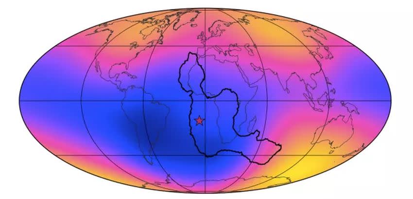 Infografía con la intensidad del campo magnético terrestre y (en negro) la Anomalía magnética Atlántico Sur | Engbers et al.