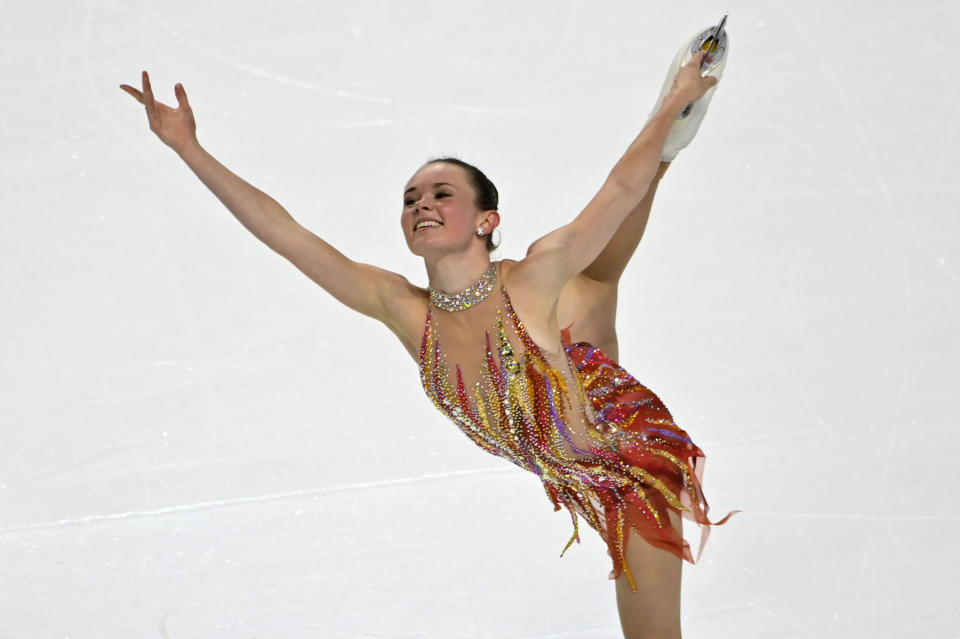 Mariah Bell of the United States competes during women's freestyle program in the International Skating Union Grand Prix of Figure Skating Series Saturday, Oct. 24, 2020, in Las Vegas. (AP Photo/David Becker)