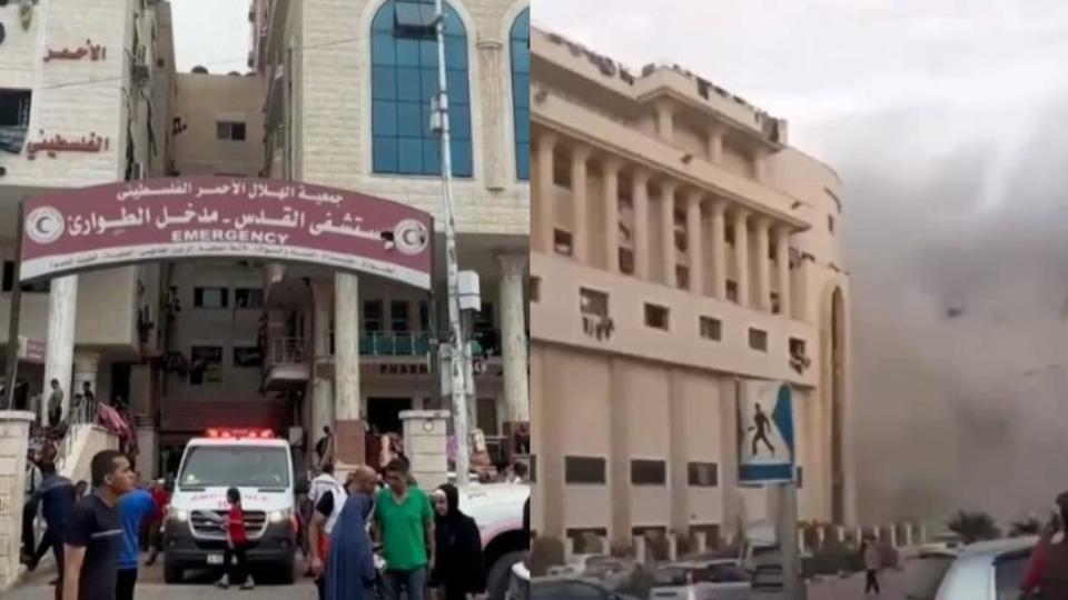 以軍轟炸加薩第二大醫院「聖城醫院」（al-Quds Hospital）周圍。（圖／翻攝自 推特@AhmadFaezal4、@Angelo4justice3）