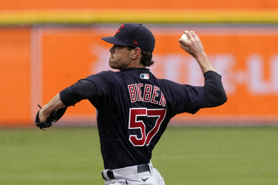 Cleveland Indians starting pitcher Shane Bieber throws during the second inning of a baseball game against the Detroit Tigers, Thursday, April 1, 2021, in Detroit. (AP Photo/Carlos Osorio)