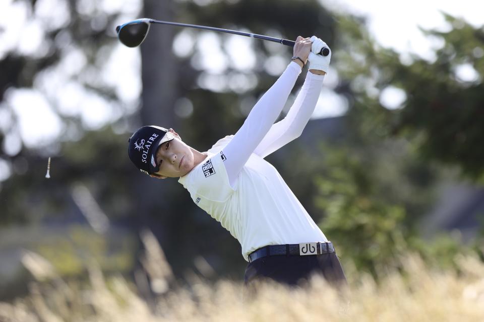 Sung Hyun Park, of South Korea, watches her tee shot on the second hole during the first round of the LPGA Cambia Portland Classic golf tournament in West Linn, Ore., Thursday, Sept. 16, 2021. (AP Photo/Steve Dipaola)